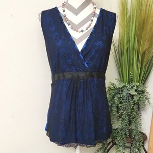New York & Company Stylish Blue Lace Sleeveless Blouse